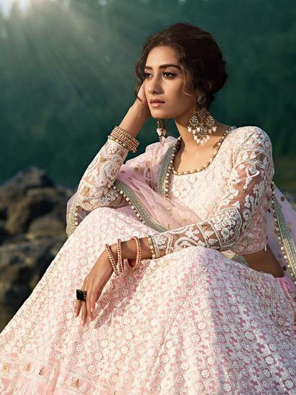 Women's  Baby Pink Net Heavy Embroidered Lehenga