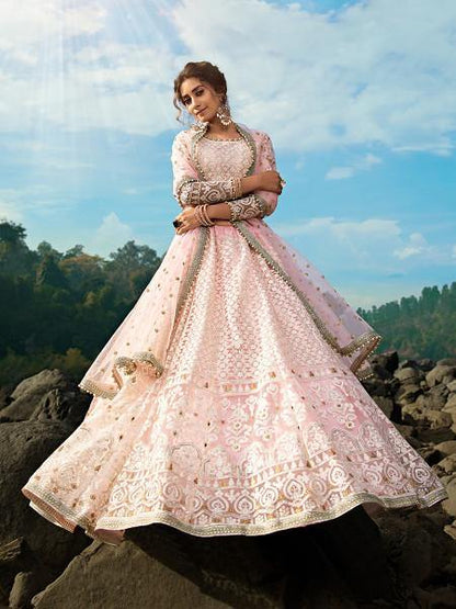 Women's  Baby Pink Net Heavy Embroidered Lehenga