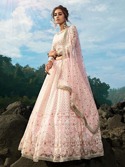 Women's  Baby Pink Net Heavy Embroidered Lehenga