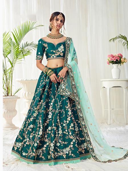 Women's  Dark Green Heavy Embroidered Net Lehenga