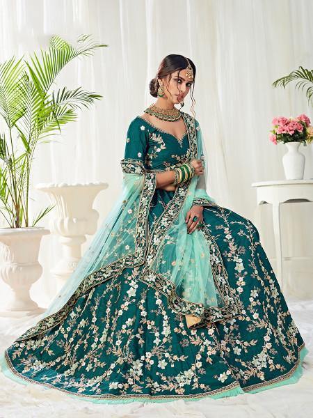 Women's  Dark Green Heavy Embroidered Net Lehenga