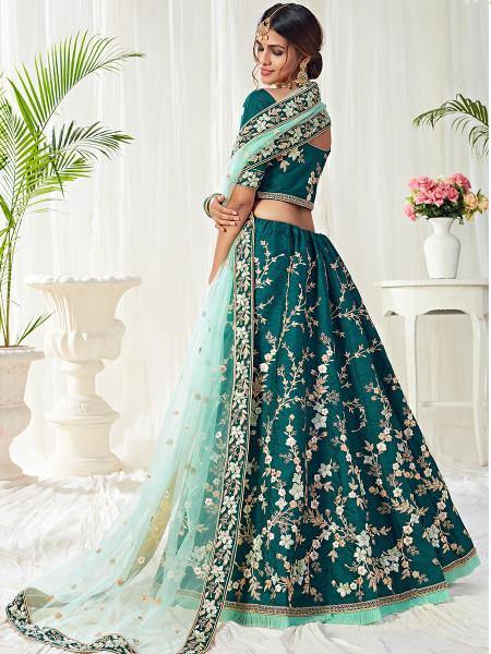 Women's  Dark Green Heavy Embroidered Net Lehenga