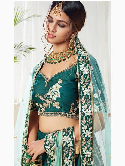 Women's  Dark Green Heavy Embroidered Net Lehenga