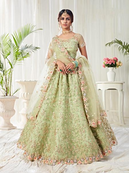 Women's  Pista Green Heavy Embroidered Net Lehenga