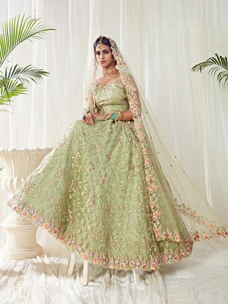 Women's  Pista Green Heavy Embroidered Net Lehenga