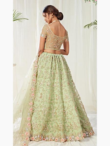 Women's  Pista Green Heavy Embroidered Net Lehenga