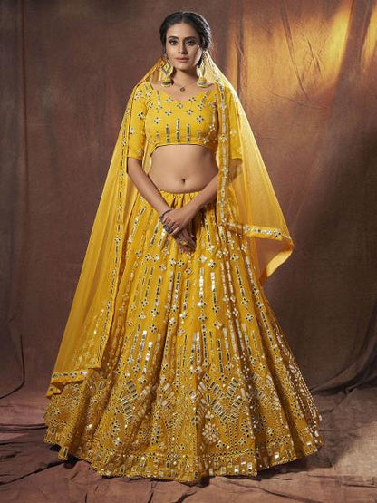 Women's  Yellow Embroidered Georgette Lehenga