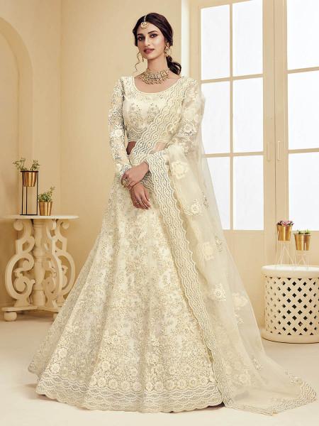 Women's  Off White Heavy Embroidered Net Bridal Lehenga