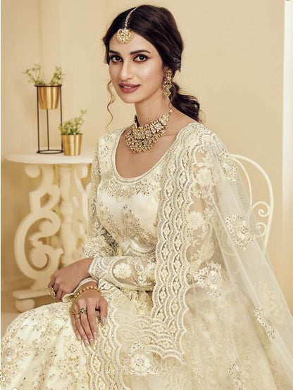 Women's  Off White Heavy Embroidered Net Bridal Lehenga