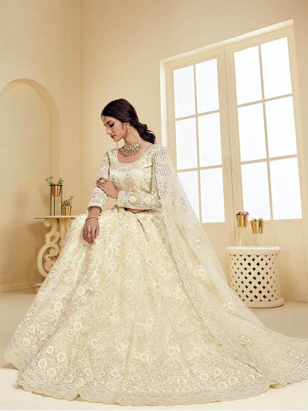 Women's  Off White Heavy Embroidered Net Bridal Lehenga