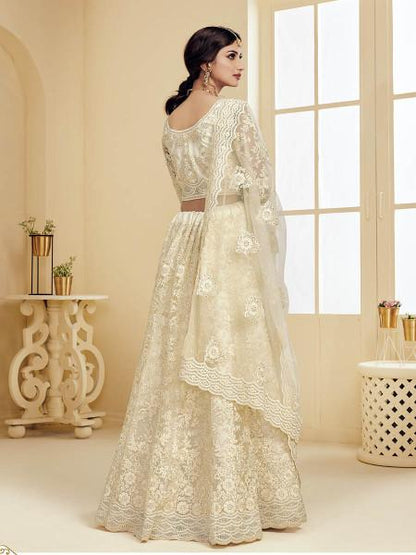 Women's  Off White Heavy Embroidered Net Bridal Lehenga