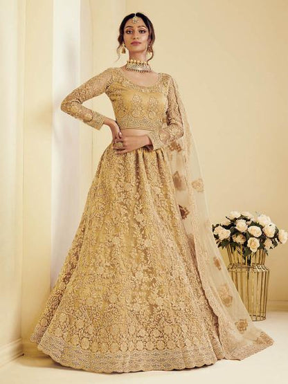 Women's  Golden Heavy Embroidered Net Bridal Lehenga