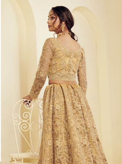 Women's  Golden Heavy Embroidered Net Bridal Lehenga