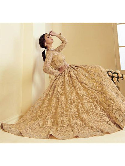 Women's  Golden Heavy Embroidered Net Bridal Lehenga