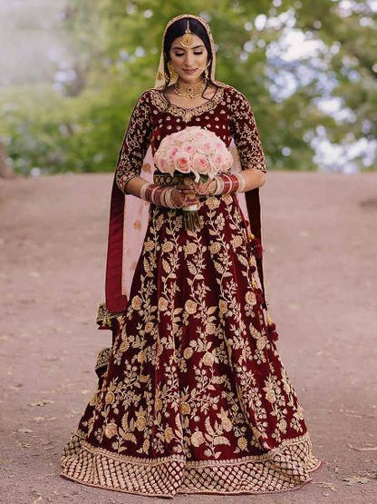 Women's Heavy Embroidered Velvet Bridal Lehenga