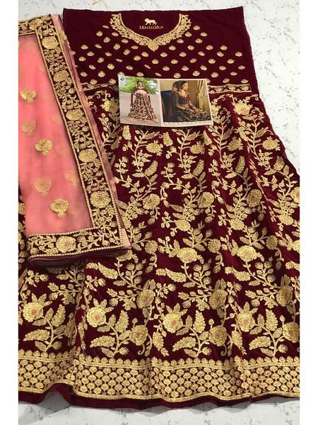 Women's Heavy Embroidered Velvet Bridal Lehenga