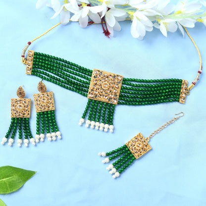 Traditional Green Color Kundan & Pearls Necklace Set Jkms_035