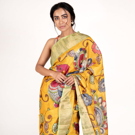 Women's Yellow And Green Zari Tussar Hand Painted Kalamkari Saree