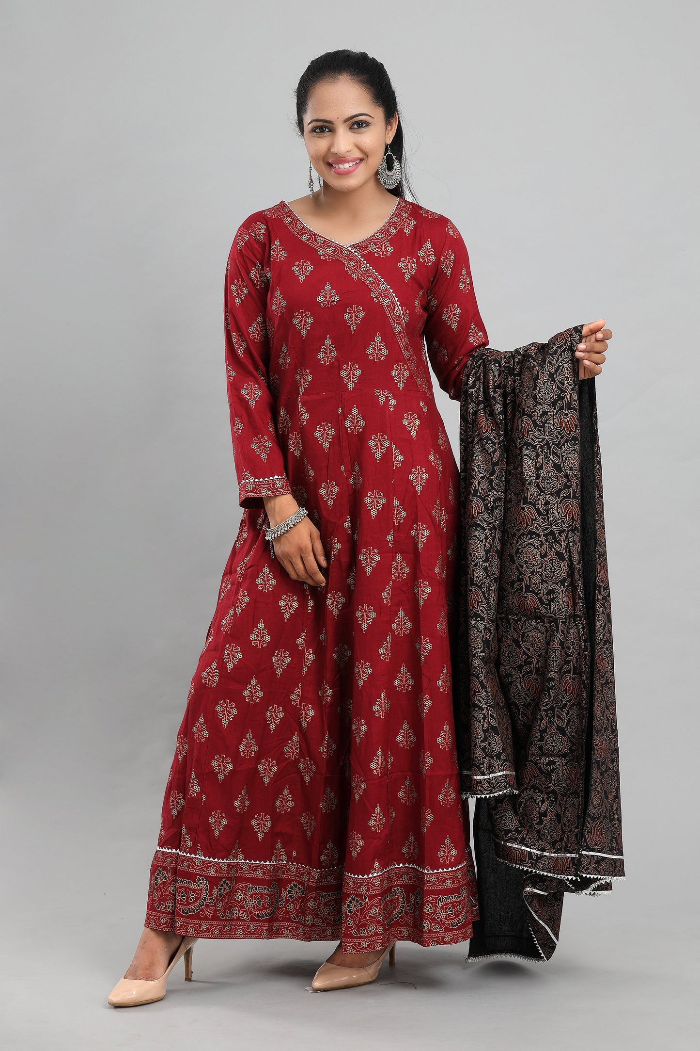 Women Red Anarkali with Black Dupatta by  (Set of 2)