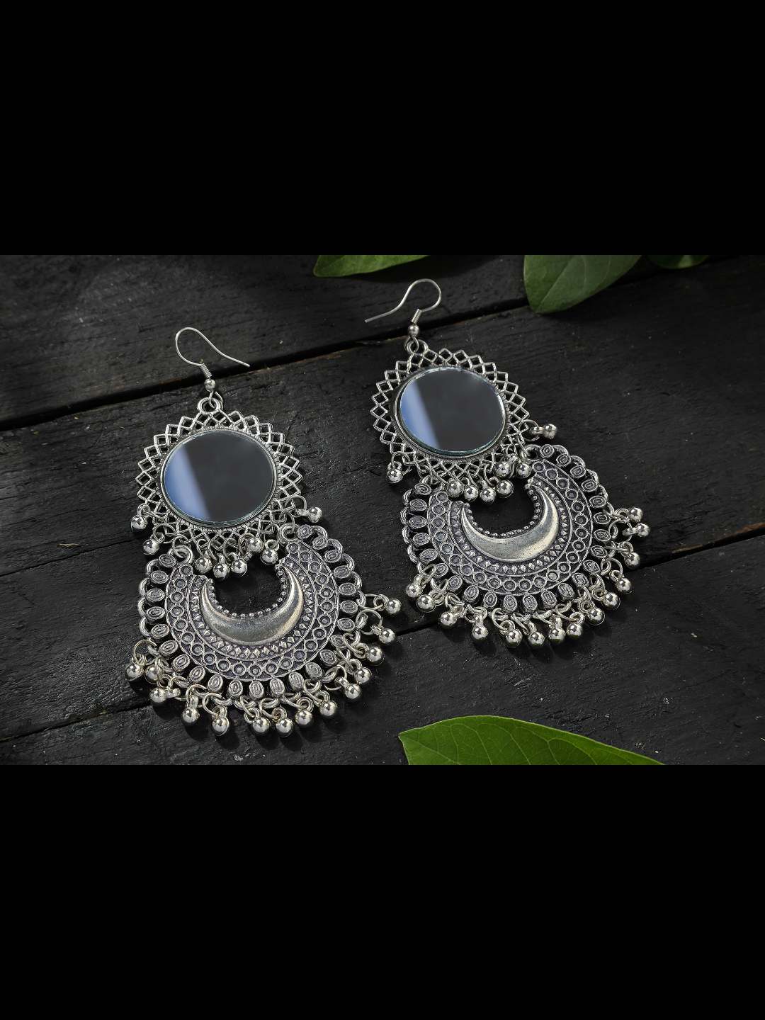 Women Silver Oxydised Mirror Earrings by  (1 Pair earrings)