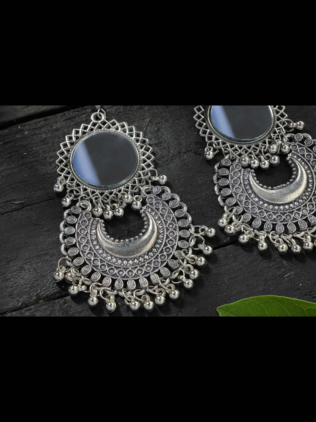 Women Silver Oxydised Mirror Earrings by  (1 Pair earrings)