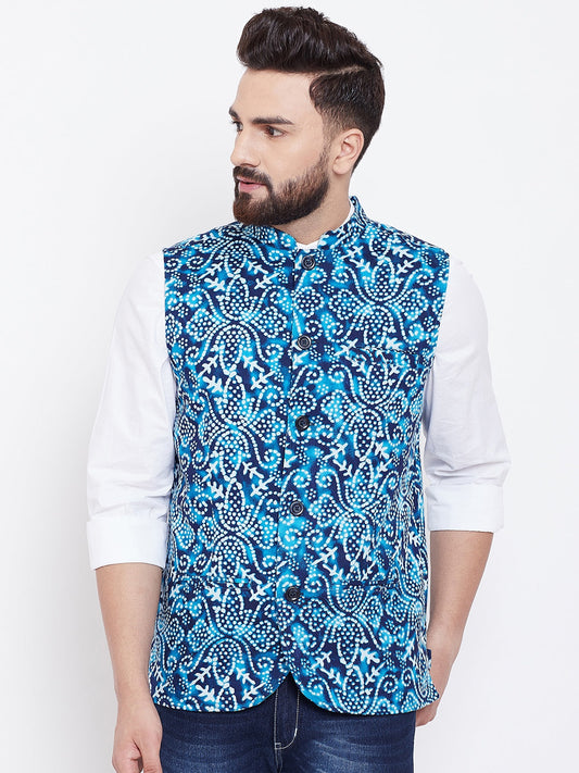 Men's Blue Printed Nehru Jacket