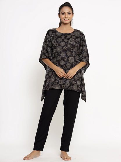 Women's Self Desgin Rayon Fabric Kaftan & Pant Black Color