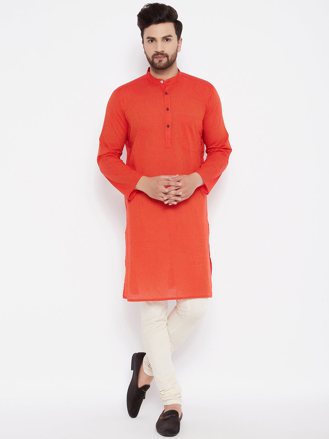 Men's Pure Cotton Striped Orange Kurta