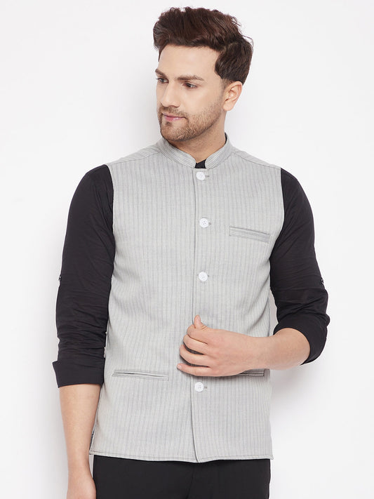 Men's Grey Color Woven Nehru Jacket