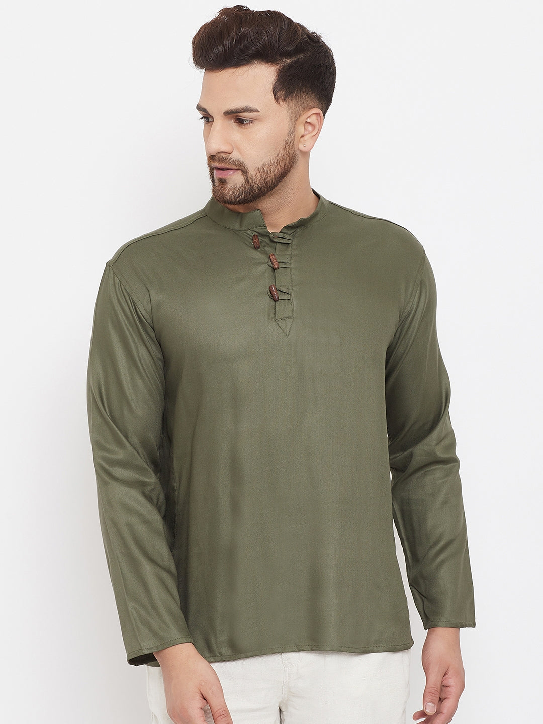 Men's Olive Green Button Placket Shirt Kurta