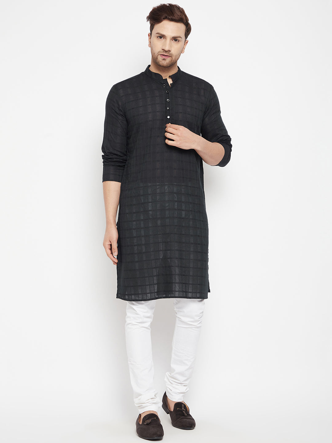 Men's Black Color Long Kurta with Band Collar