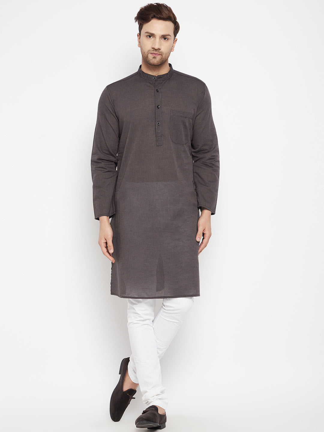 Men's Brown Color Long Kurta with Band Collar