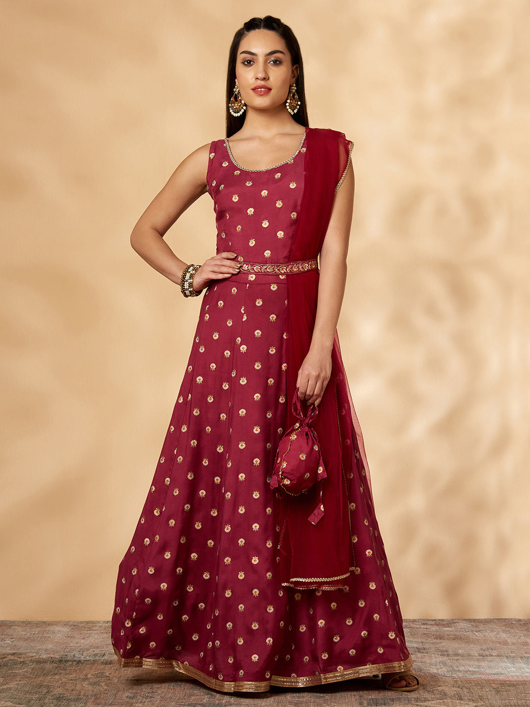 Women's Wine Printed Belt Anarkali Lehenga Set