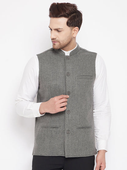 Men's Grey Color Woven Nehru Jacket