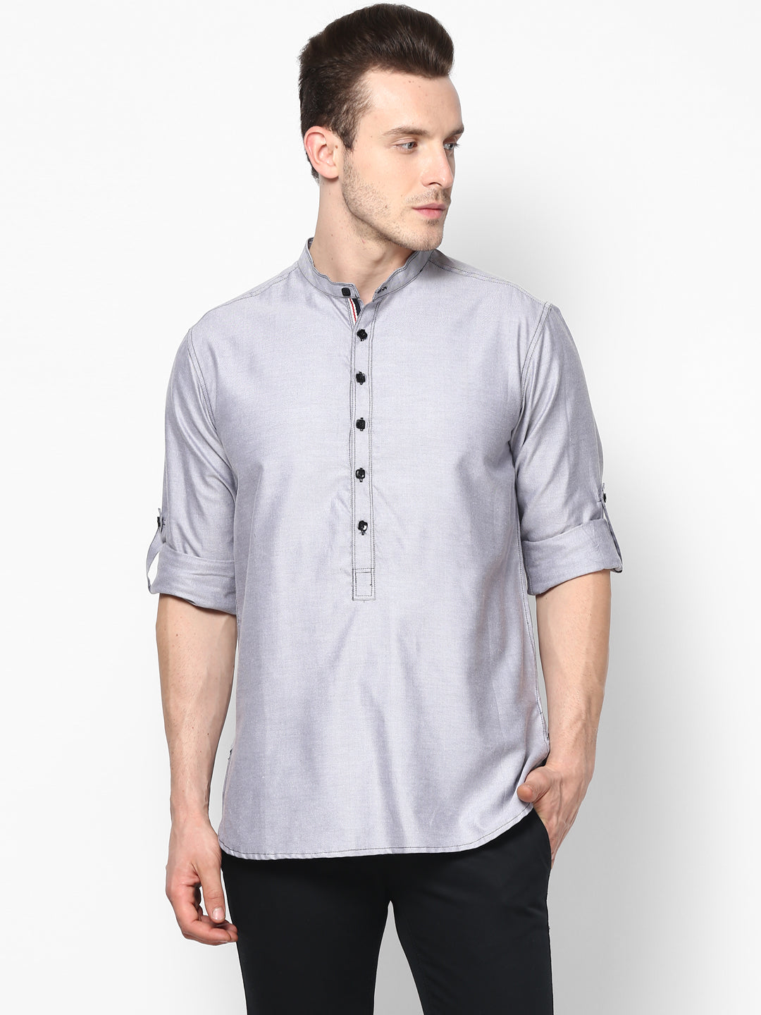 Men's Grey Pure Cotton Shirt Kurta