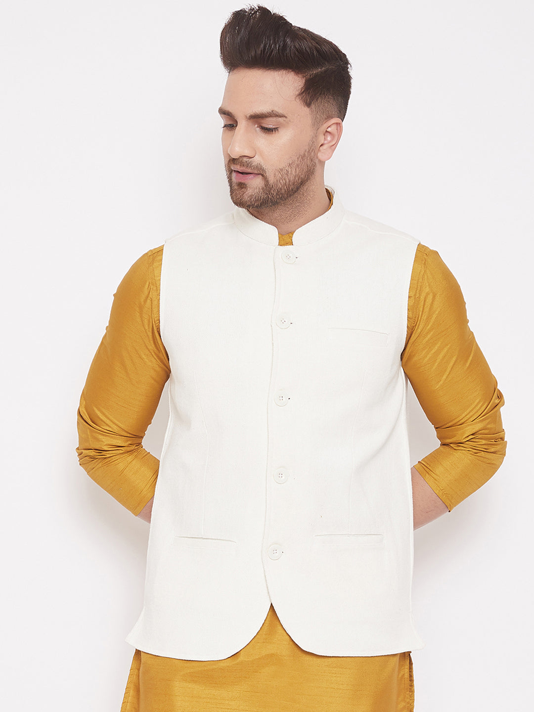 Men's White Cotton Linen Nehru Jacket