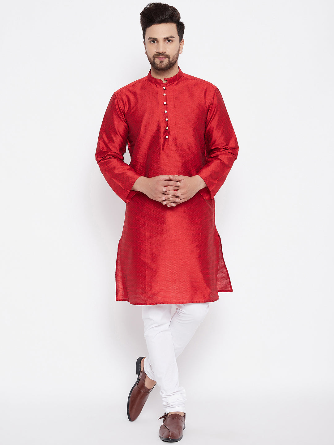 Men's Woven Design Red Straight  Kurta