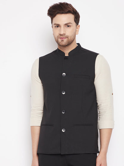 Men's Black Color Woven Nehru Jacket