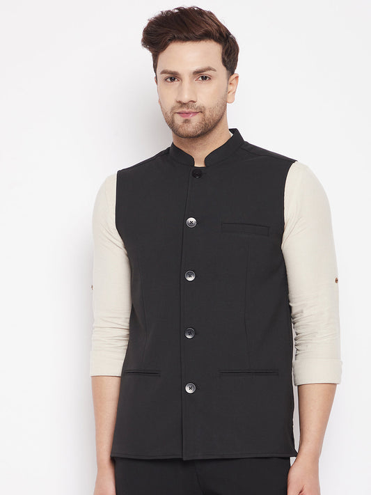 Men's Black Color Woven Nehru Jacket