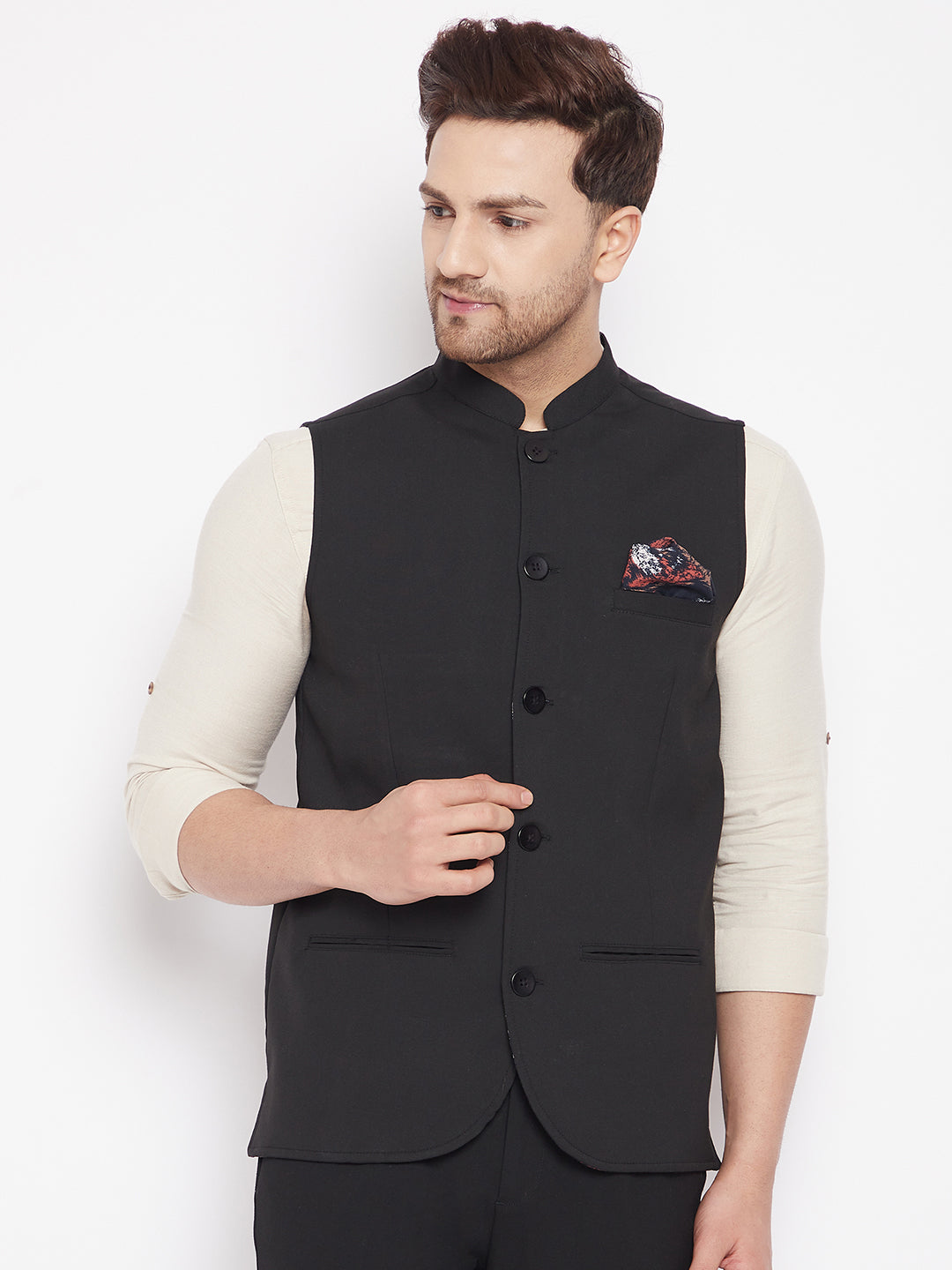 Men's Black Color Nehru Jacket-Contrast Lining-Inbuilt Pocket Square