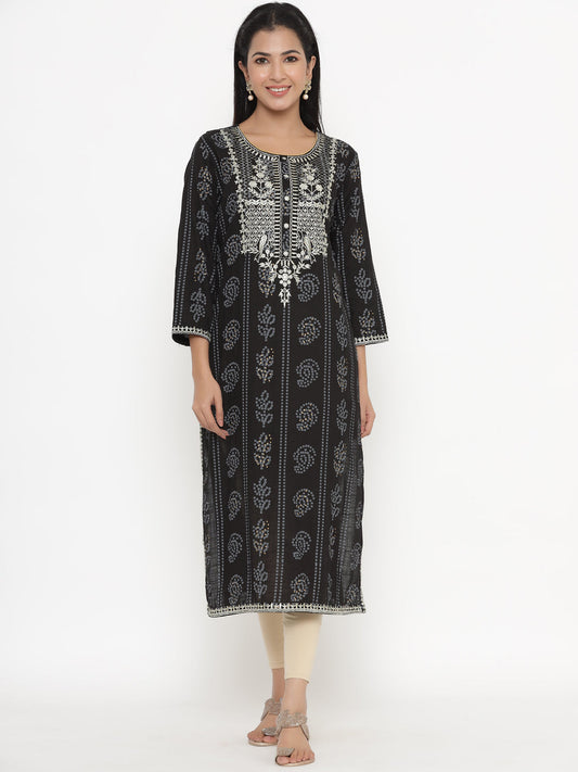 Women's Self Desgin Rayon Fabric Straight Kurta Black Color