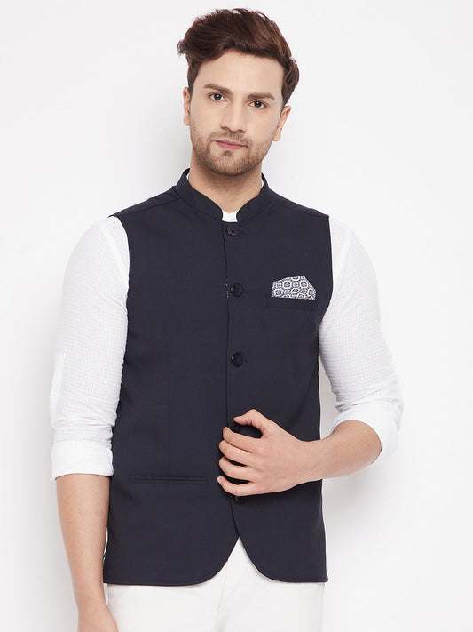 Men's Navy Color Nehru Jacket-Contrast Lining-Inbuilt Pocket Square