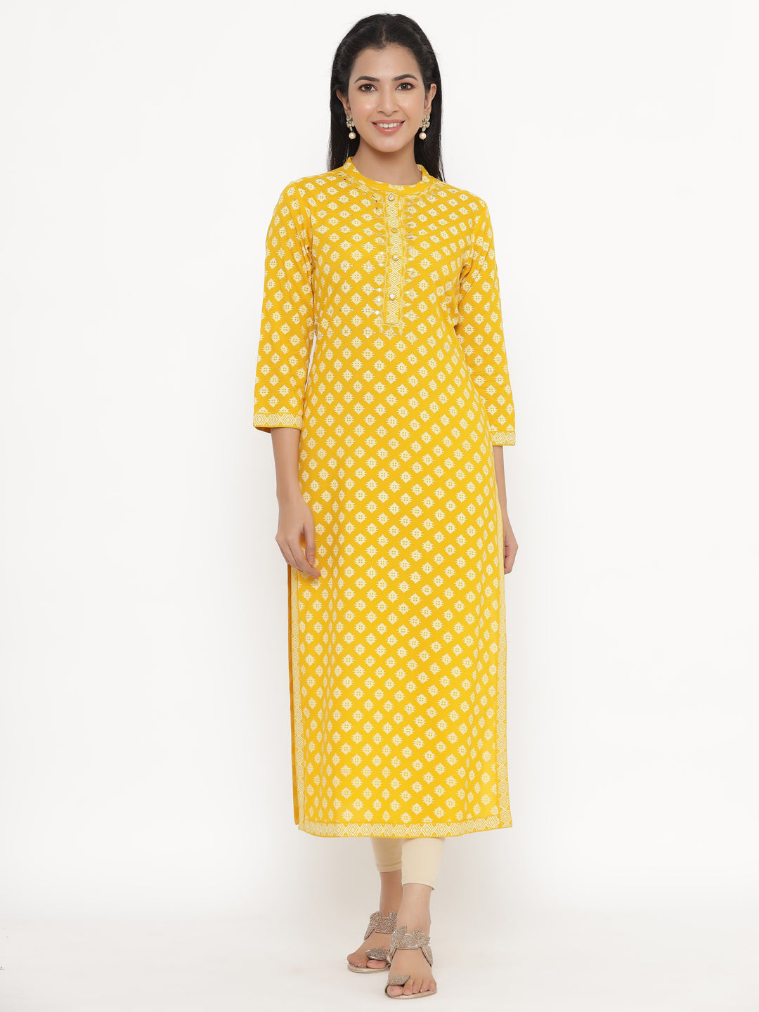 Women's Self Desgin Rayon Fabric Straight Kurta Yellow Color