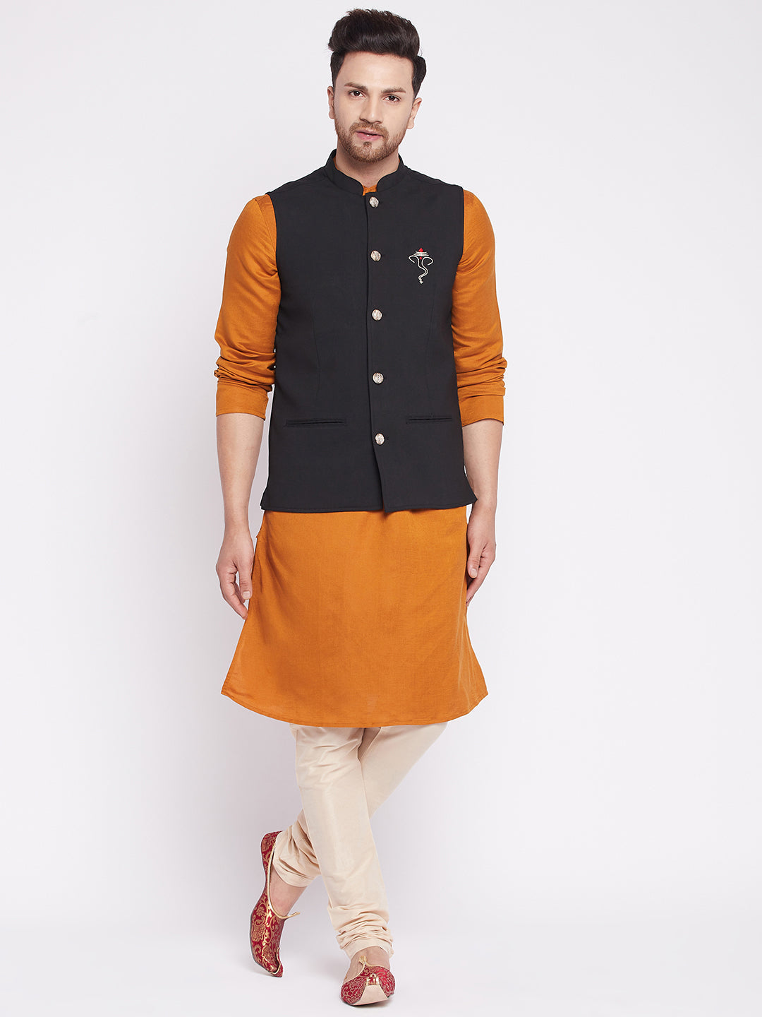 Men's Nehru Jacket With Embroided Insignia Of Lord Ganesha -