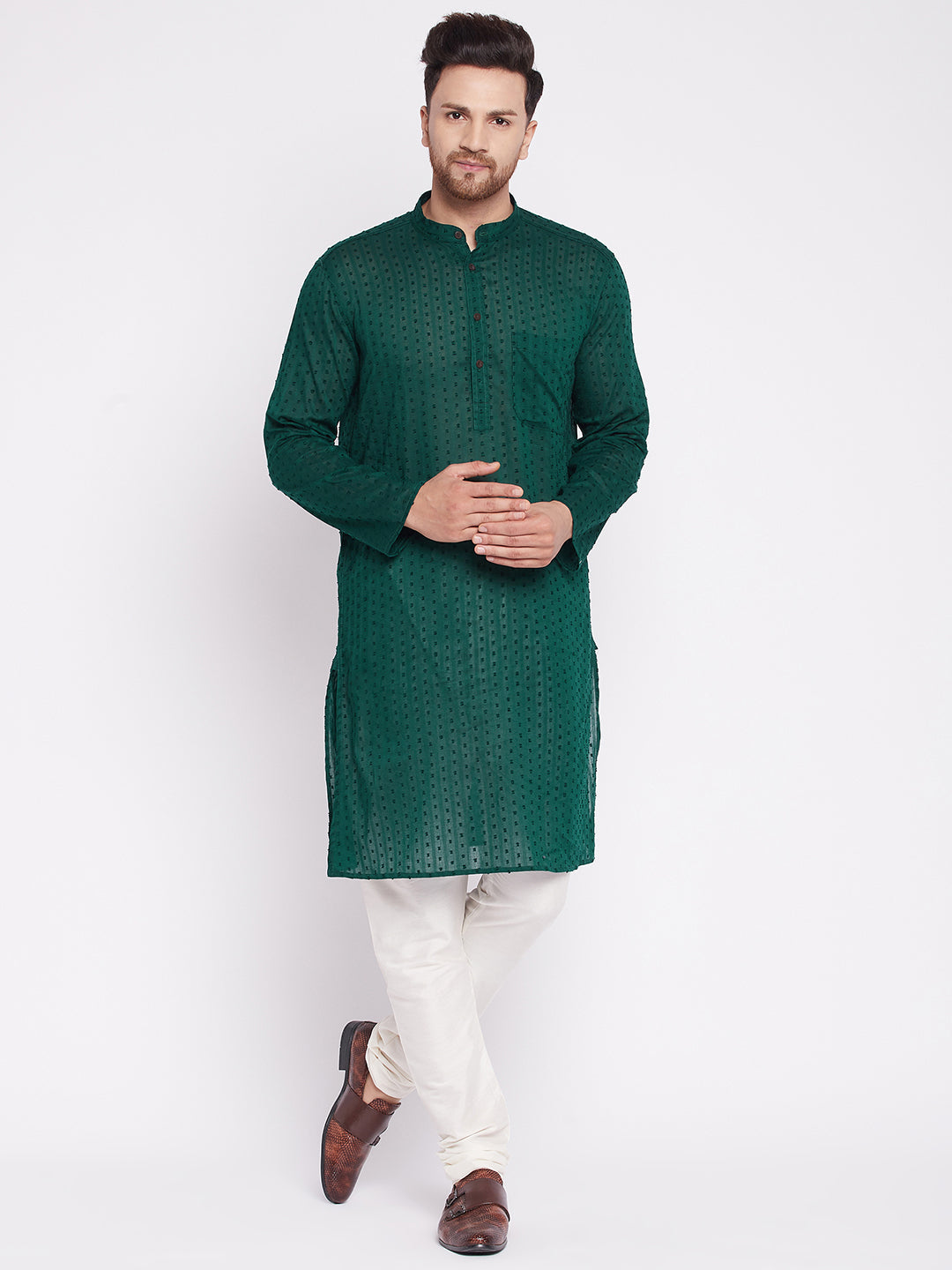 Men's Long Kurta with Band Collar -