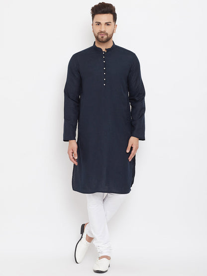 Men's Solid Navy Blue Placket Detail Cotton Kurta