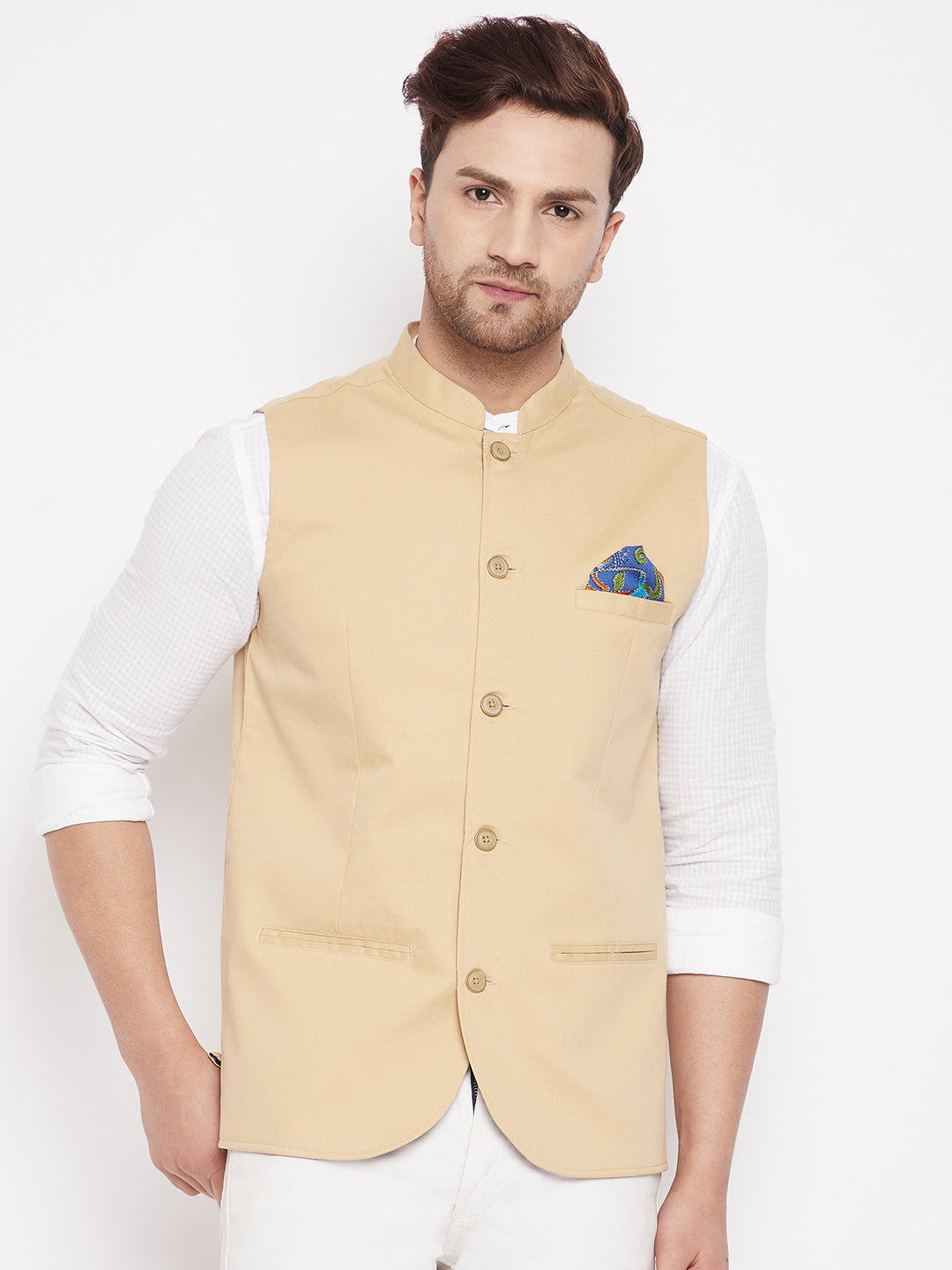 Men's Beige Color Nehru Jacket-Contrast Lining-Inbuilt Pocket Square