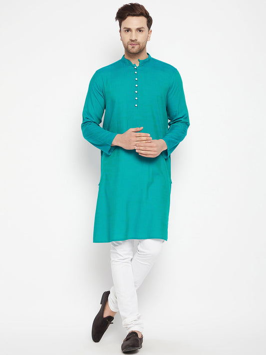 Men's Green Color Long Kurta with Band Collar