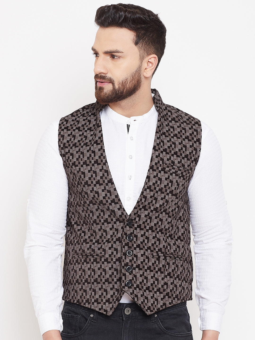 Men's Printed Brown Pure Cotton Waistcoat