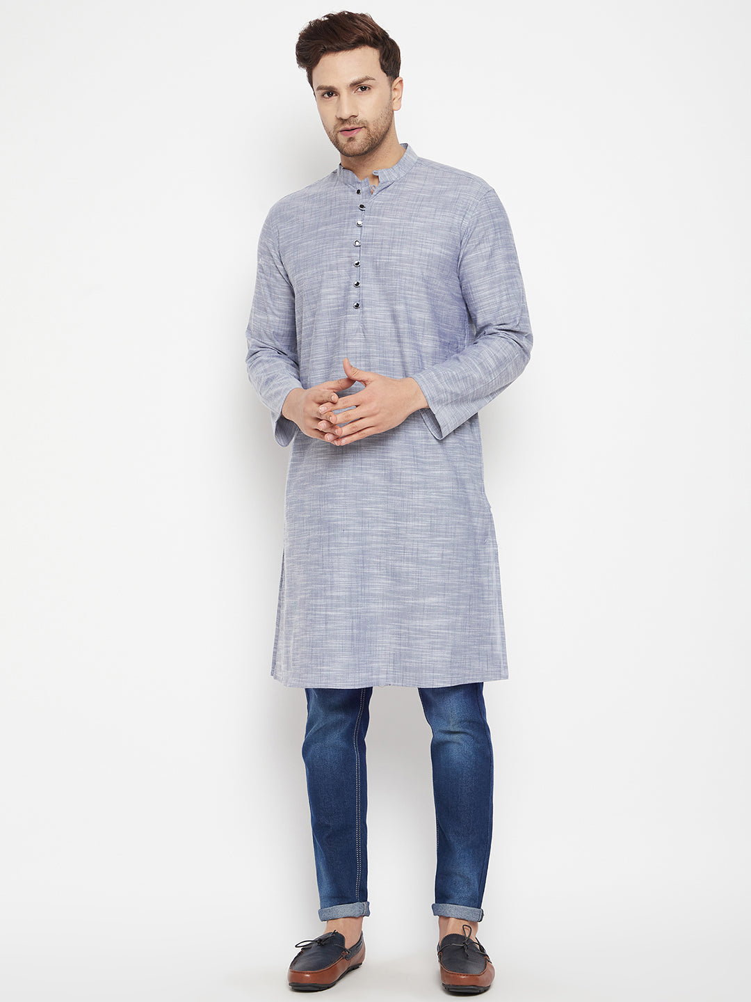 Men's Grey Color Long Kurta with Band Collar